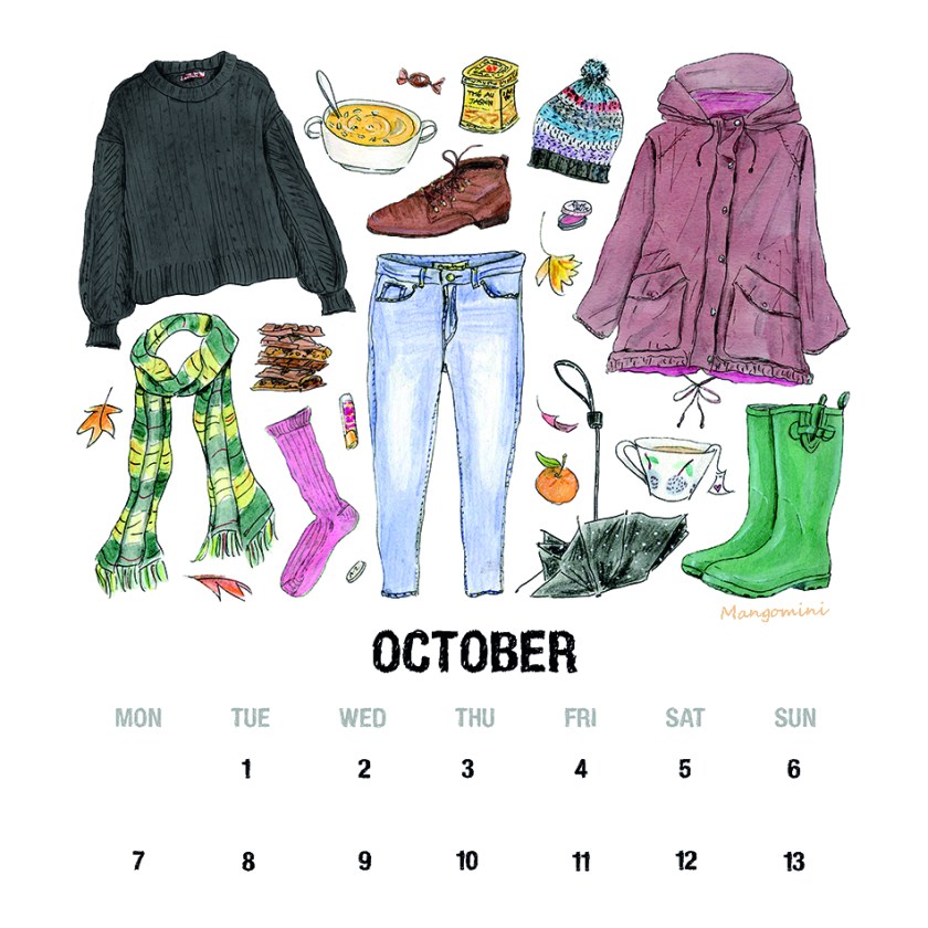 October calendar page with hand drawn color illustrations of typical october and fall clothes, accessories and food. Hand drawn by Cindy Mangomini