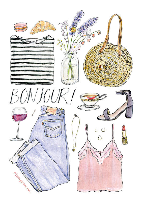 Illustrated Casual French Girl Outft with Hand Lettered Text Bonjour