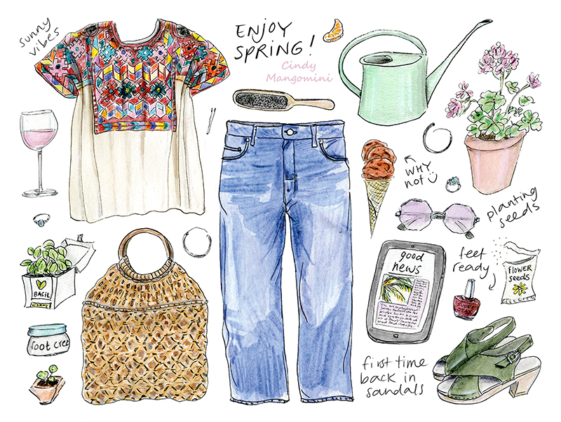 Hand drawn color illustrated fashion, food and plant items celebrating the first day of spring, with a text: enjoy spring