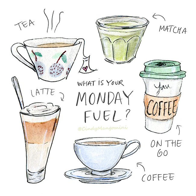 Hand drawn color illustrations of hot drinks, including coffee and tea.